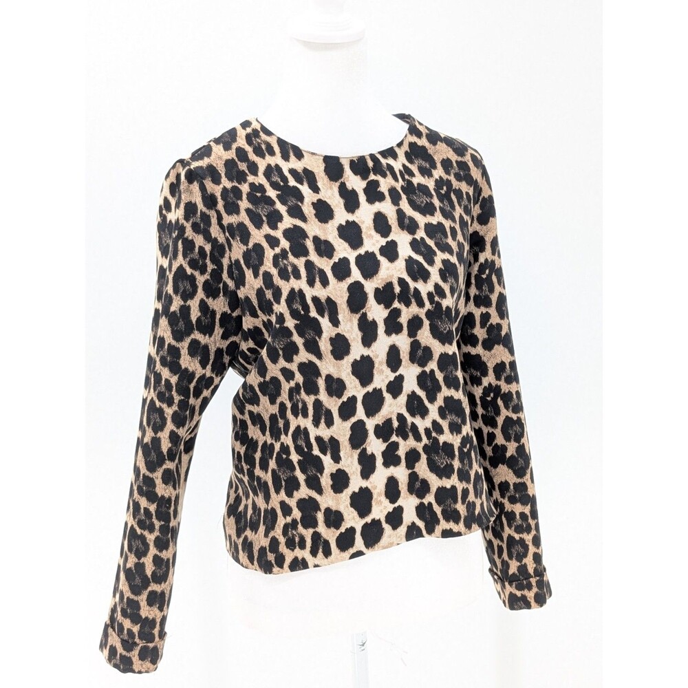Zara Cheetah Leopard Print Long Sleeve Back Slits Round Neck Blouse Size Medium